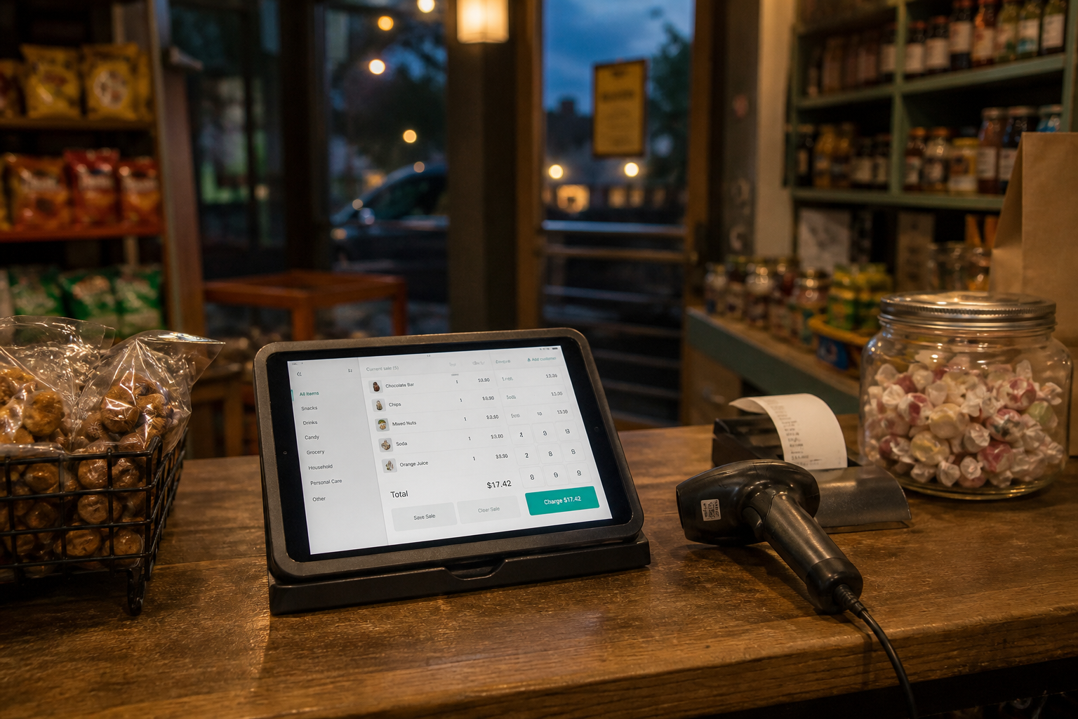 Small shop counter with barcode scanner and POS tablet